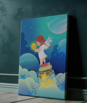 Enchanting angel collecting stars in a dreamy night sky