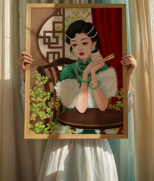 Elegant Woman in Traditional Asian Attire with Floral Background