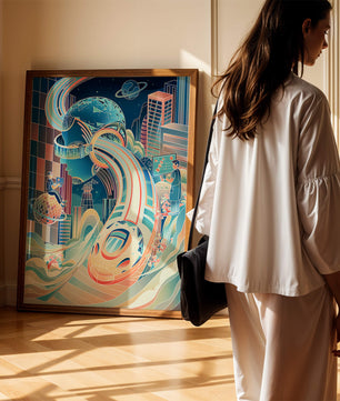 Futuristische Illustration mit VR-Thema und technologischen Elementen