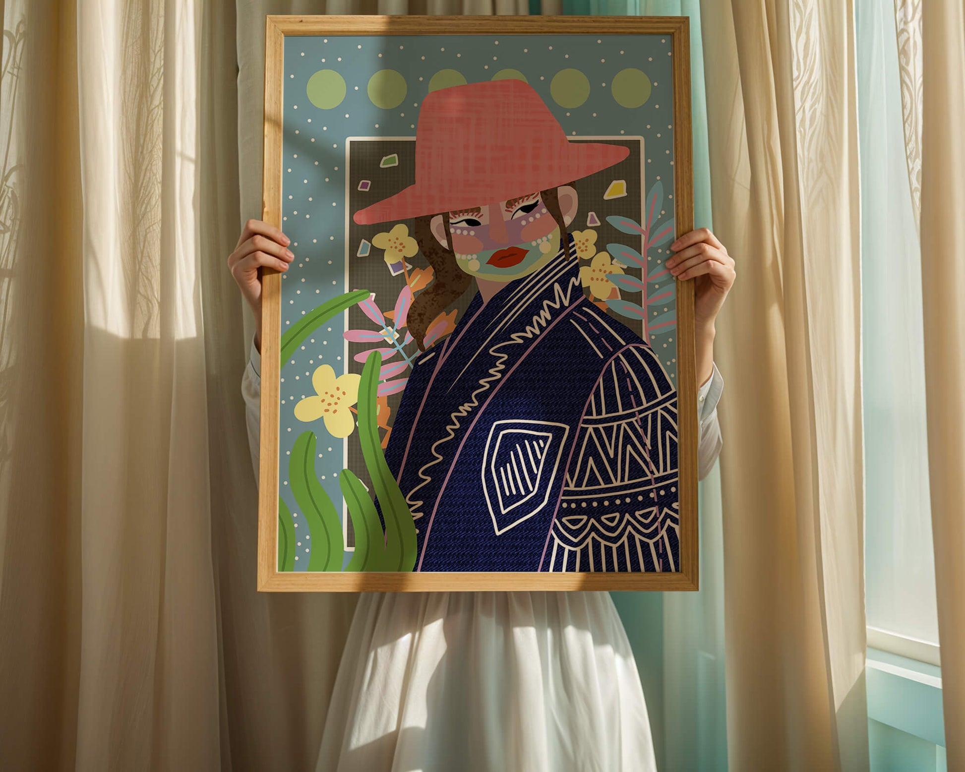 Retrato colorido con patrones y elementos abstractos