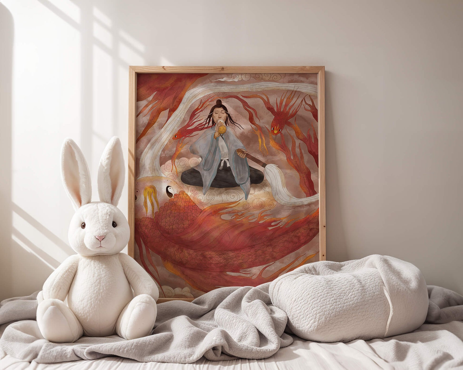 Serene meditation with mystical elements and mythical creatures