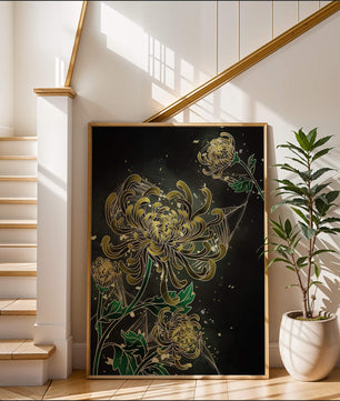 Œuvre élégante de chrysanthèmes dorés et verts sur fond sombre