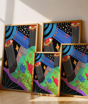 Œuvre d'art psychédélique abstraite colorée avec des formes géométriques et des yeux