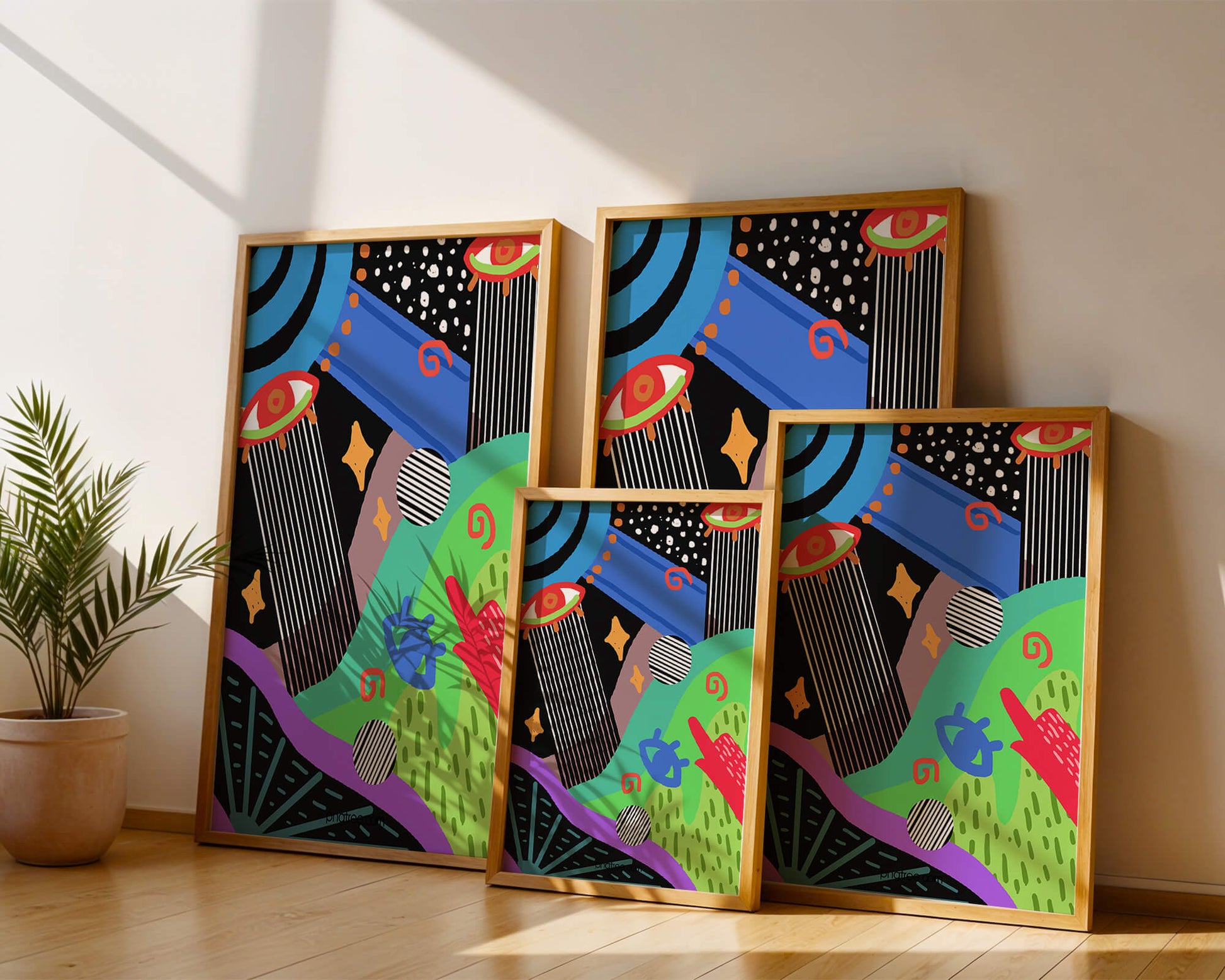 Œuvre d'art psychédélique abstraite colorée avec des formes géométriques et des yeux
