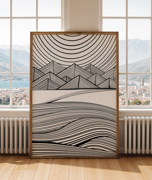 Abstract Black and White Geometric Landscape with Line Art