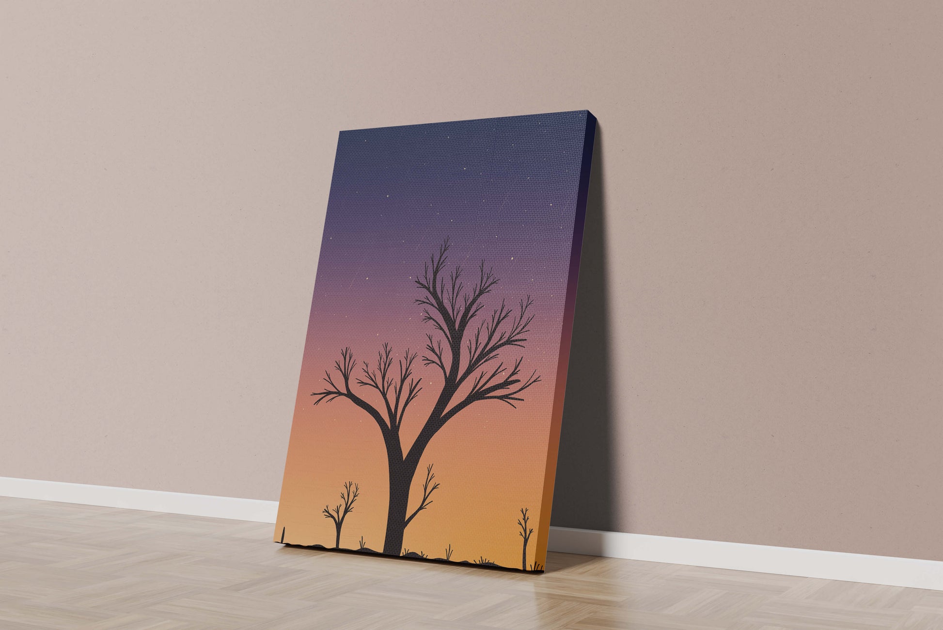 Silhouette Of Tree Against Stunning Sunset Sky With Stars