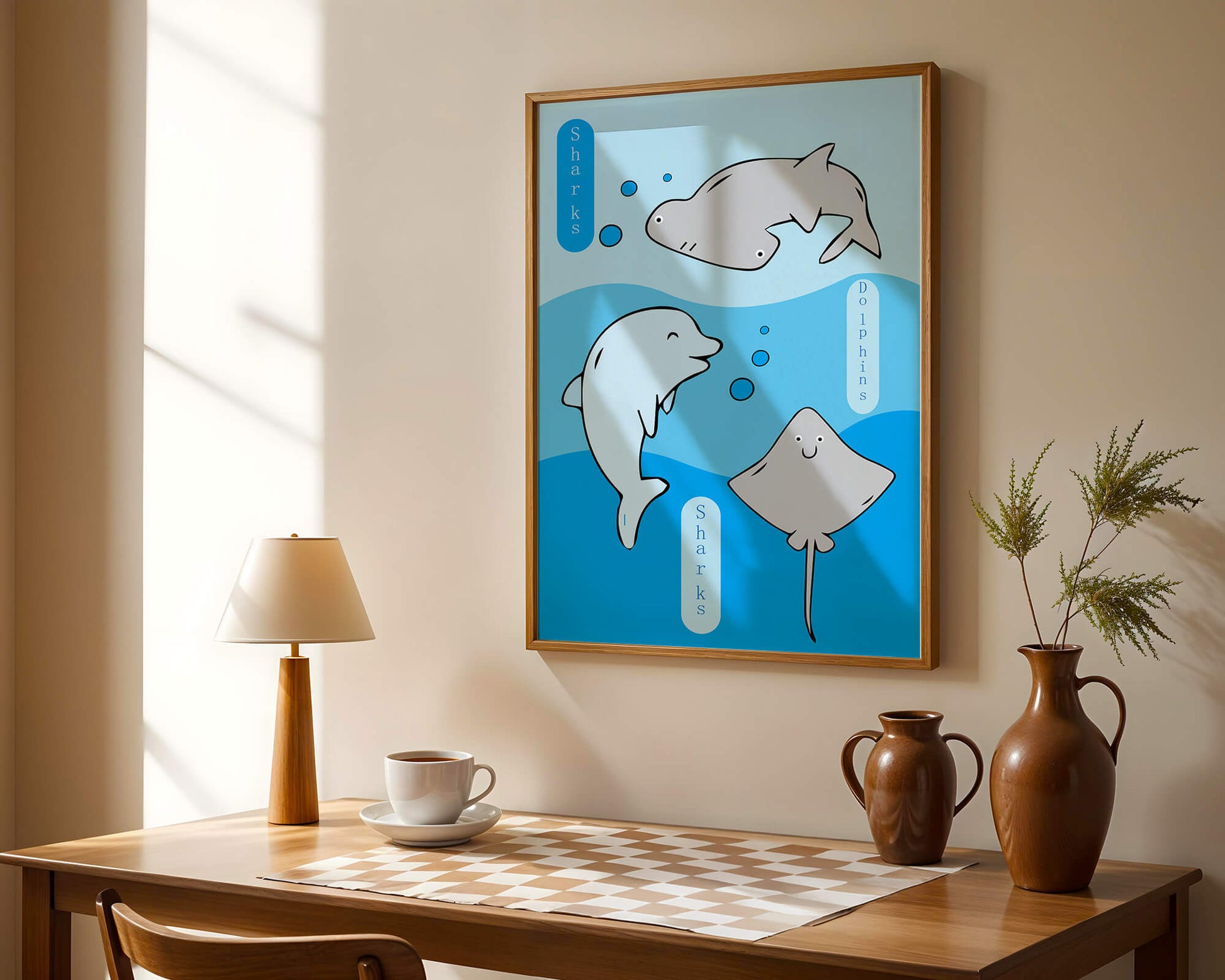 Cartoon sea animals illustration with shark, dolphin, and stingray