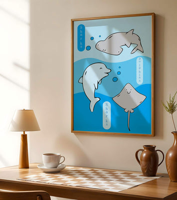 Cartoon sea animals illustration with shark, dolphin, and stingray