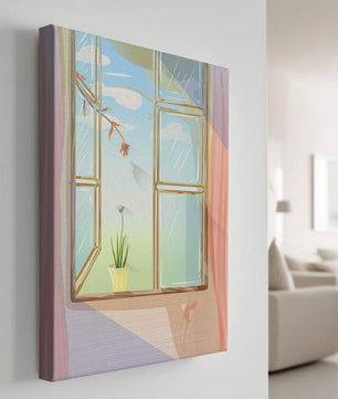 Tranquil open window with floral view and gentle sunlight