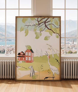Tranquil rural landscape illustration with house, dog, and crane