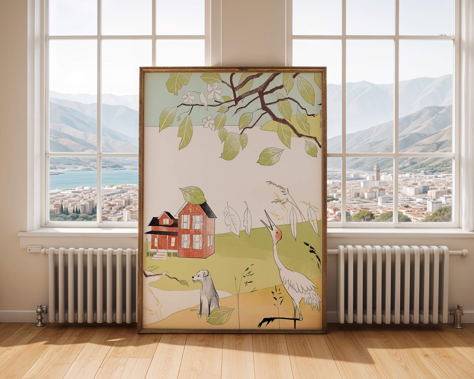 Tranquil rural landscape illustration with house, dog, and crane