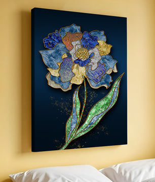 Diseño floral texturizado y colorido con contornos dorados sobre fondo oscuro