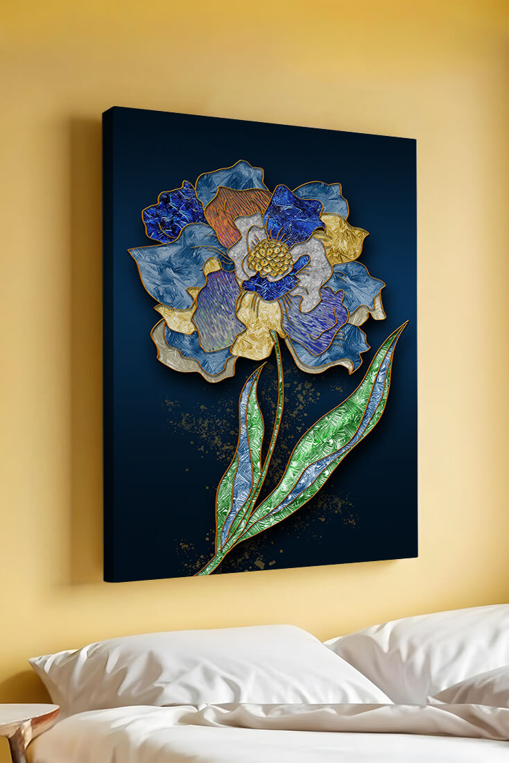 Diseño floral texturizado y colorido con contornos dorados sobre fondo oscuro