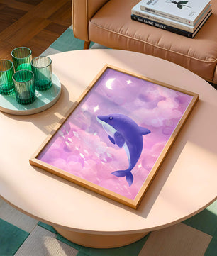 Dreamlike underwater scene with dolphin and moonlit sky
