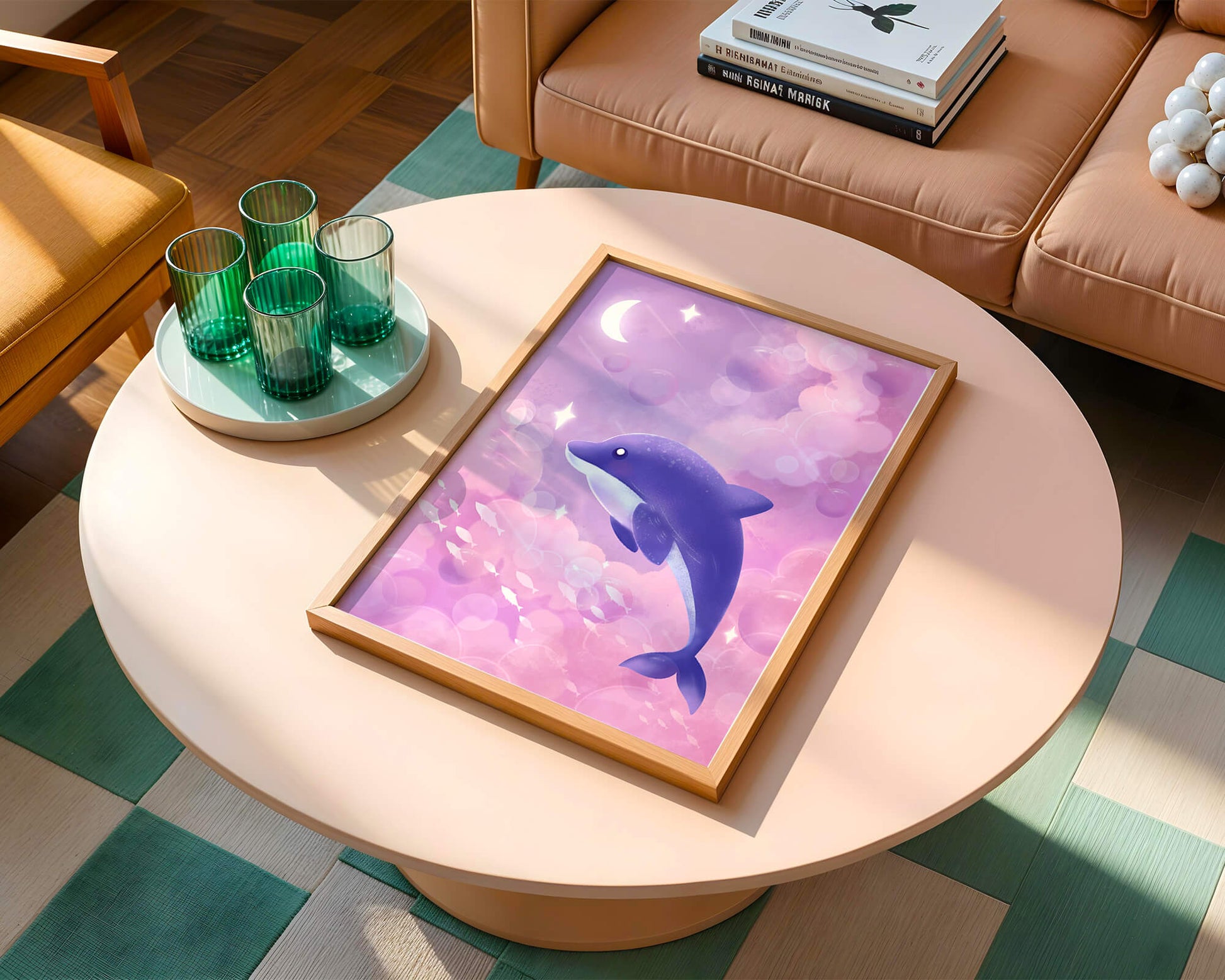 Dreamlike underwater scene with dolphin and moonlit sky