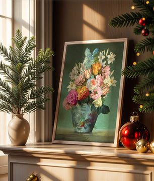 Floral arrangement in a decorative vase on a green background
