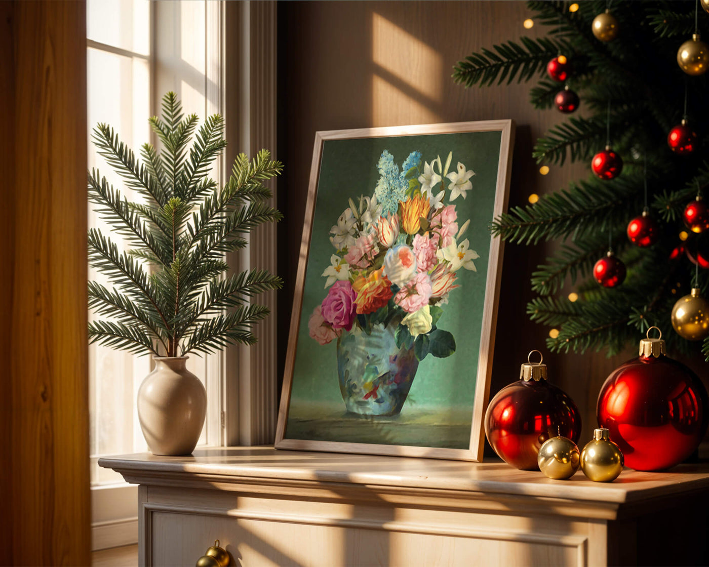 Floral arrangement in a decorative vase on a green background