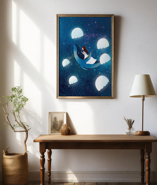 Dreamlike scene of a girl riding a whale among jellyfish in space