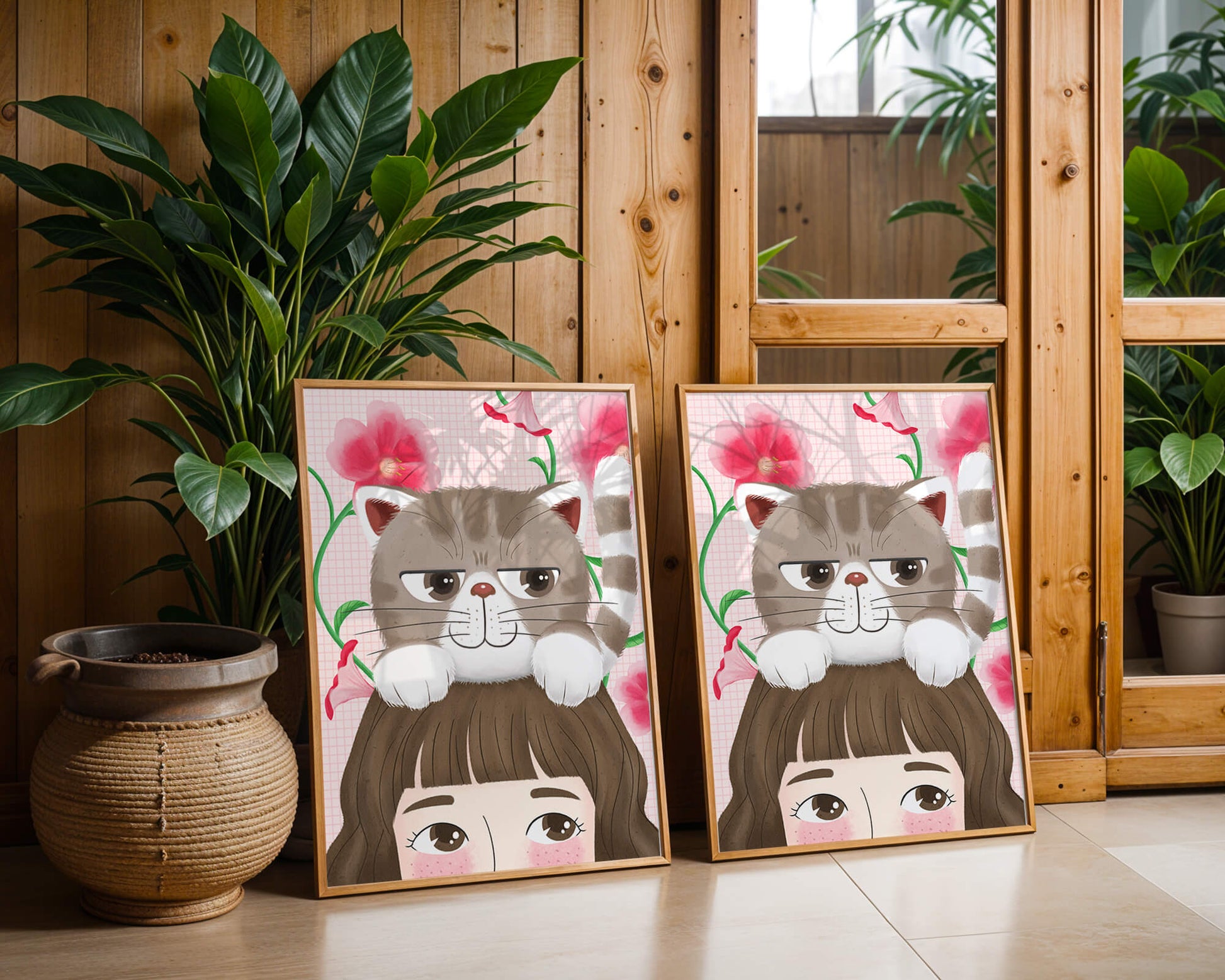 Illustration of a cat sitting on a person's head with pink flowers