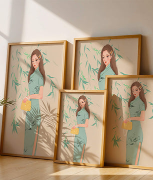 Elegant Woman in Traditional Dress Holding a Yellow Clutch with Bamboo Background