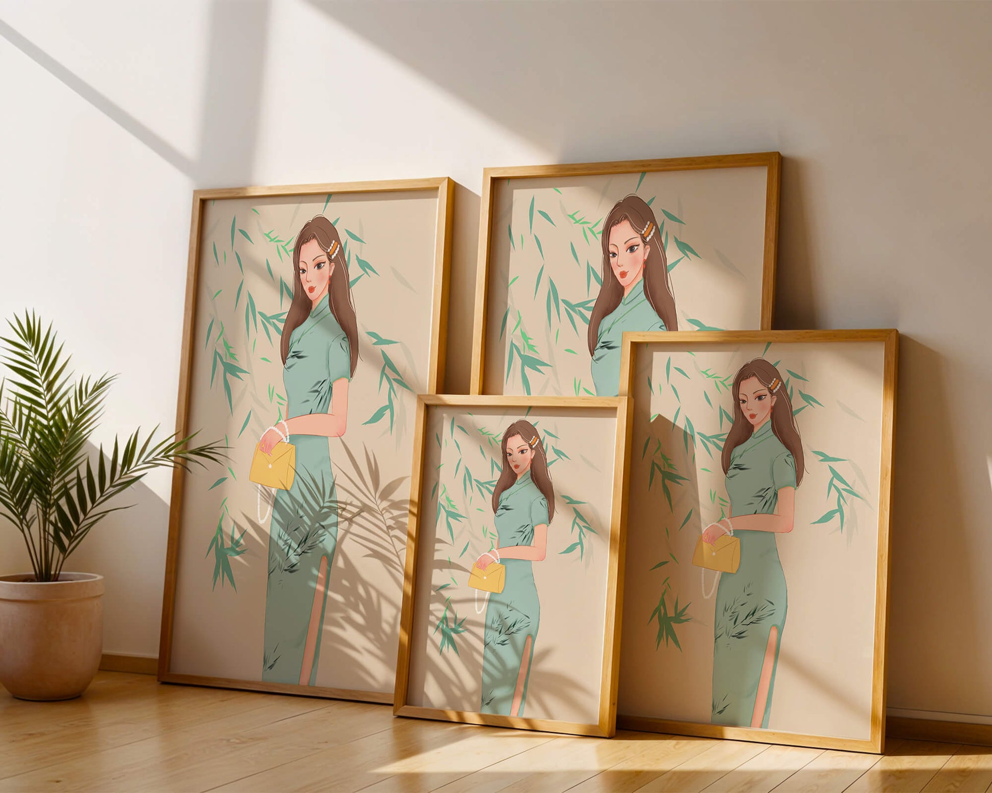 Mujer elegante con vestimenta tradicional sosteniendo un bolso amarillo con fondo de bambú