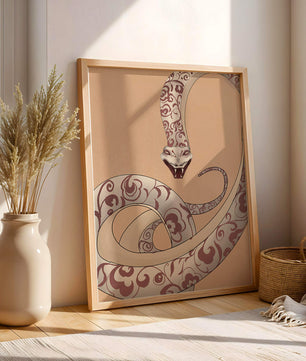 Elegant coiled snake with floral patterns in an artistic composition