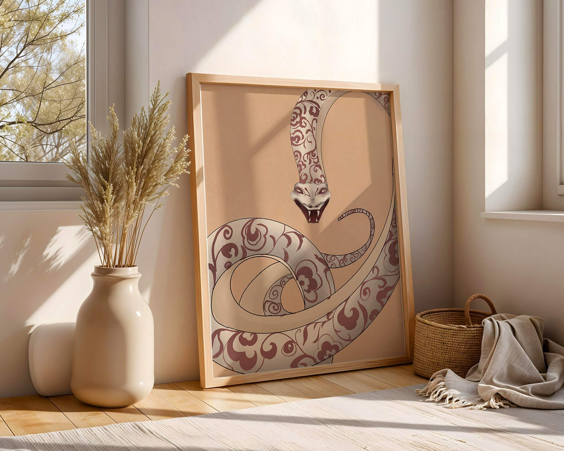 Elegant coiled snake with floral patterns in an artistic composition