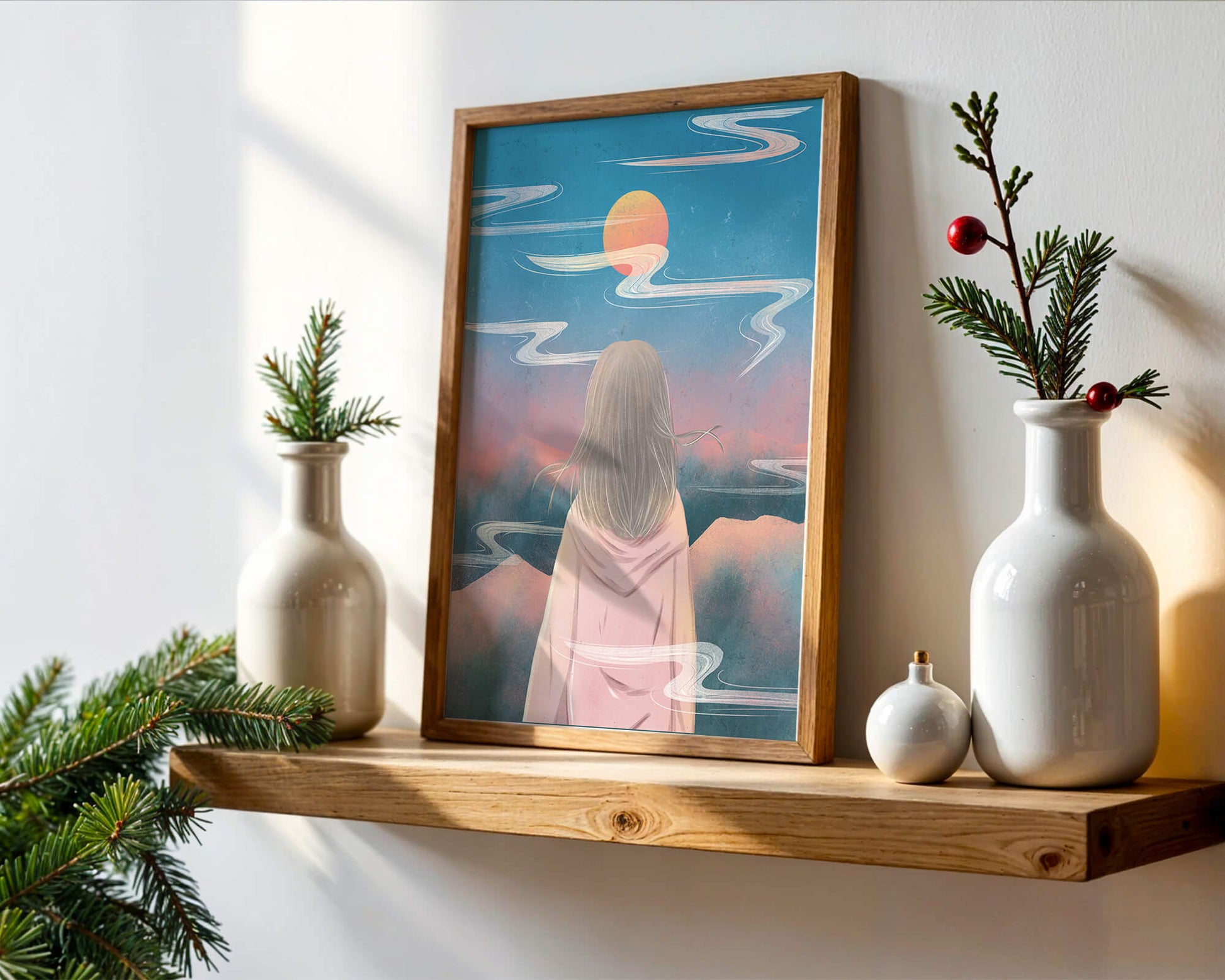 Ruhige Landschaft mit Silhouette, die den Sonnenuntergangshimmel und die Wolken betrachtet