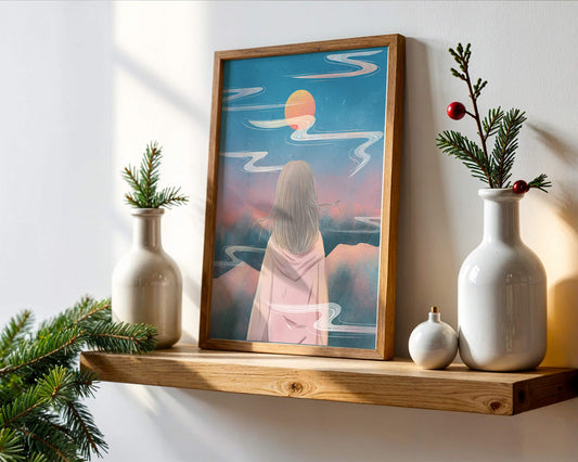 Serene landscape with silhouette gazing at sunset sky and clouds