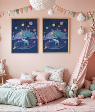 Éléphant fantastique avec arbre et fond cosmique