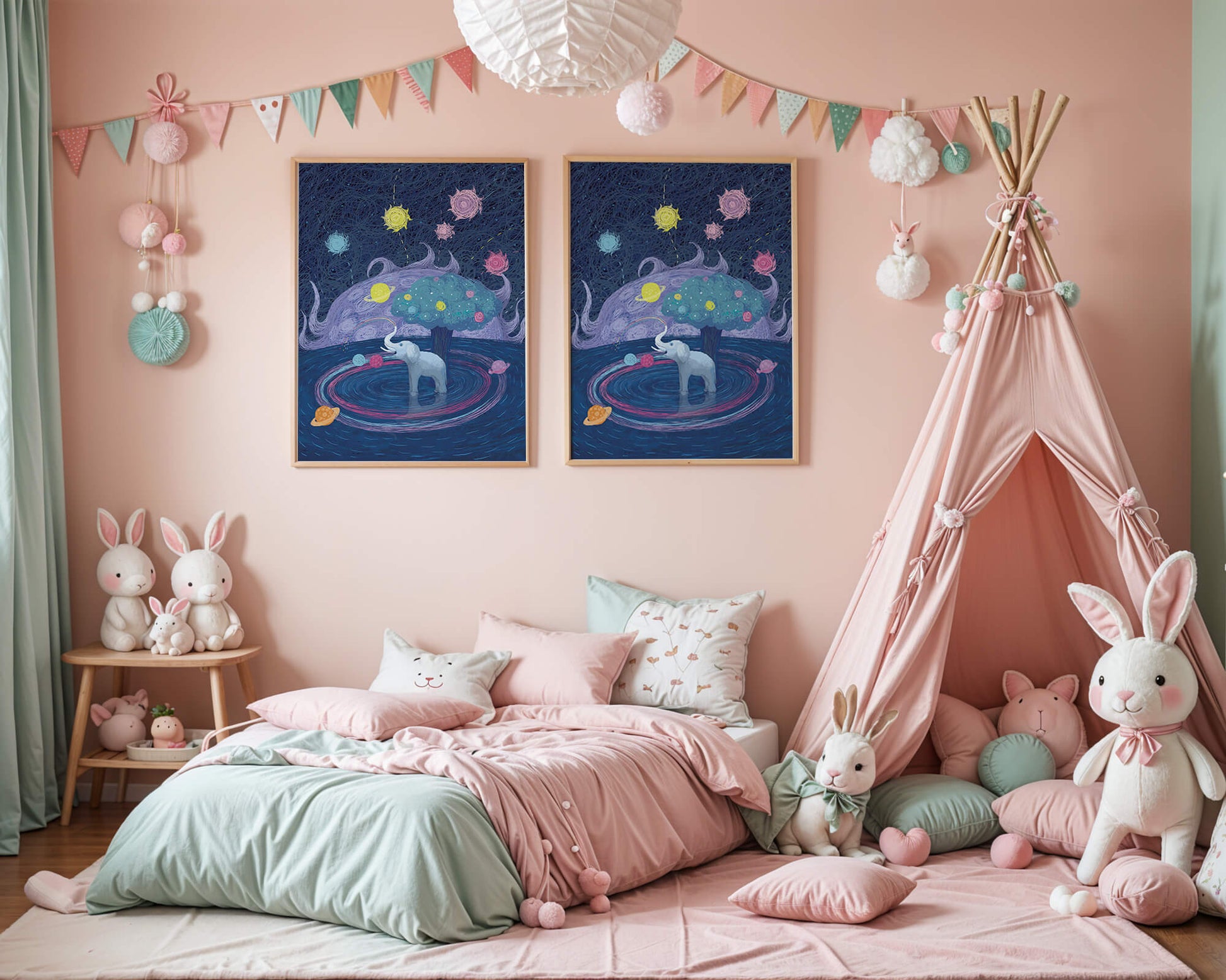 Éléphant fantastique avec arbre et fond cosmique