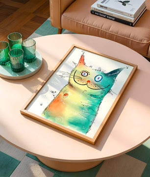 Illustration artistique de chat à l’aquarelle avec des couleurs vives