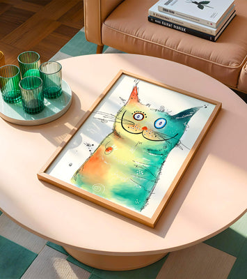 Artistic watercolor cat illustration with vibrant colors