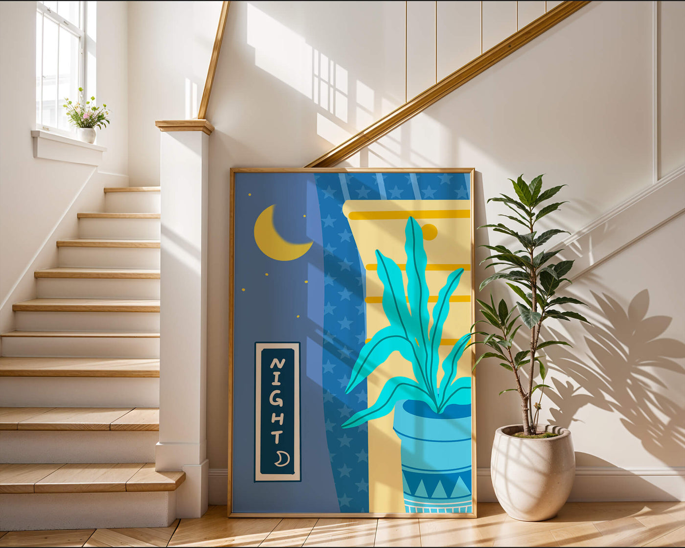 Nighttime plant illustration with crescent moon and starry background