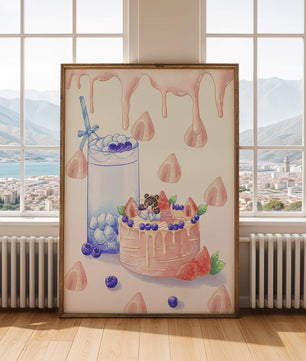 Escena de postre caprichosa con pastel y bebida con acentos juguetones