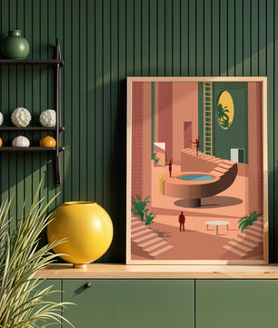 Modernes architektonisches Interieur mit geometrischem Design und Grün