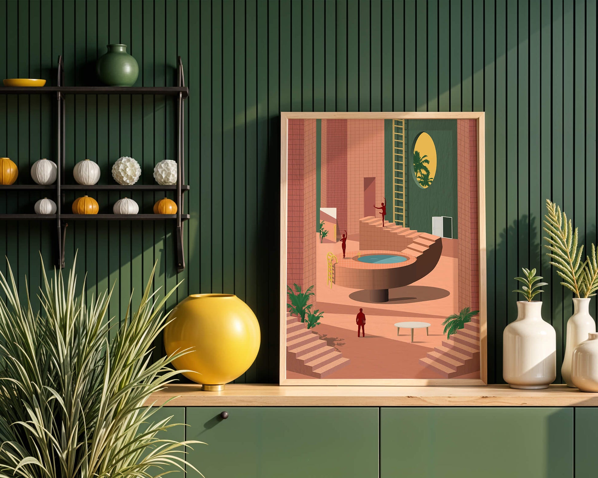 Modern architectural interior with geometric design and greenery