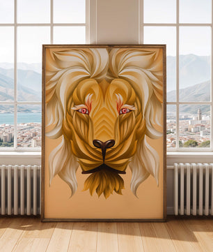 Lion Face with Intricate Golden Pattern and Flowing Mane