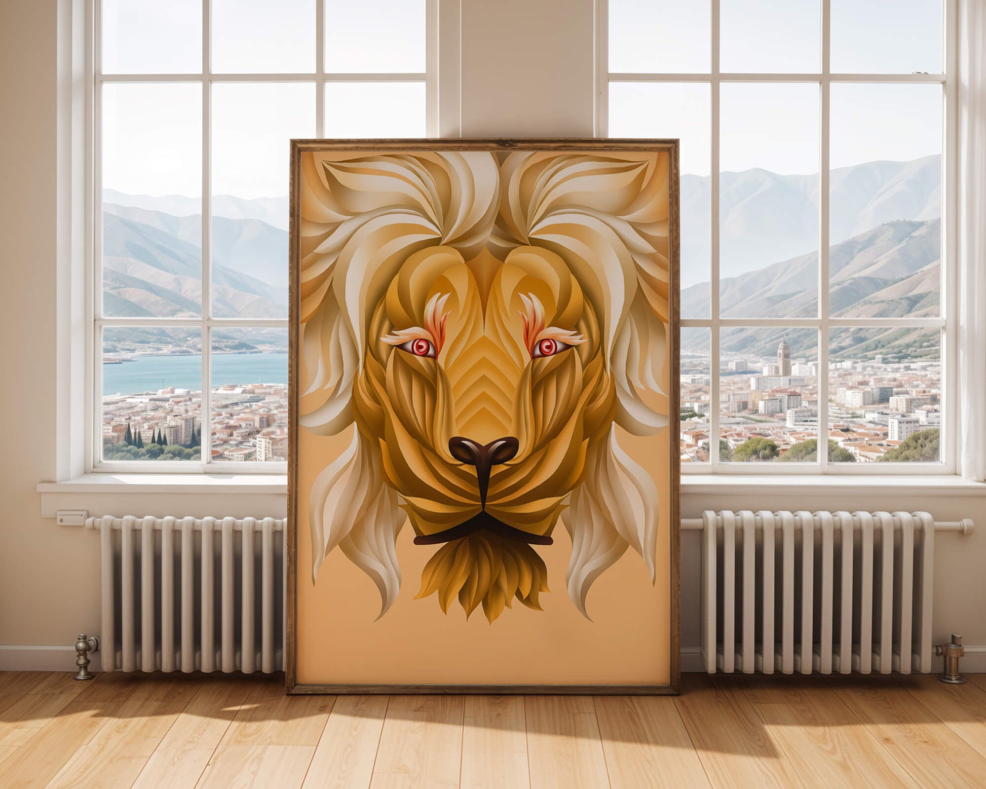 Lion Face with Intricate Golden Pattern and Flowing Mane