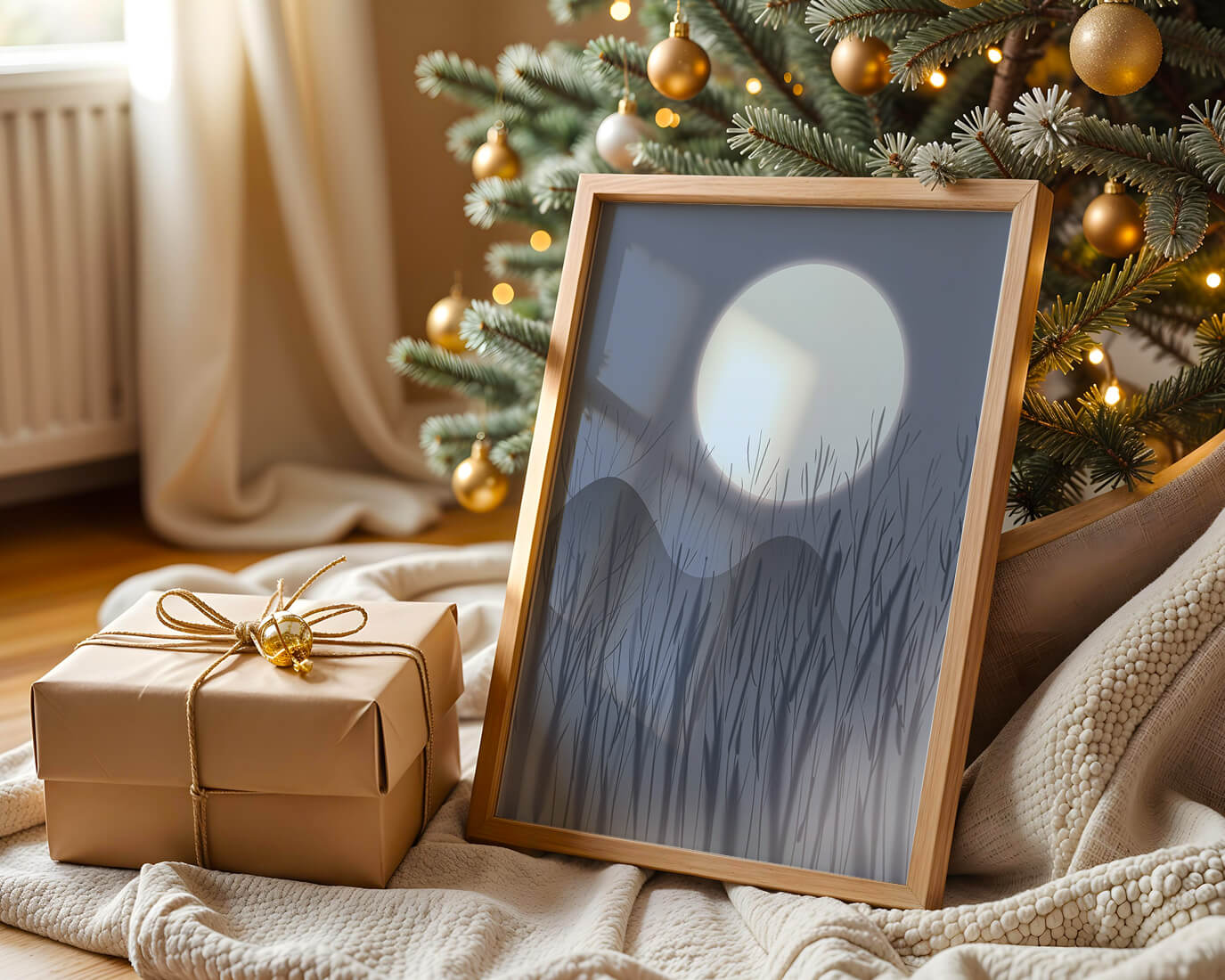 Ruhige Nachtlandschaft mit Vollmond und kahlen Bäumen