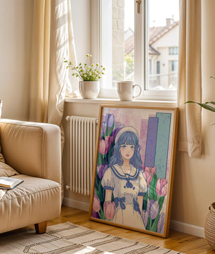 Illustration d'une fille en robe de marin parmi des tulipes avec une palette de couleurs pastel