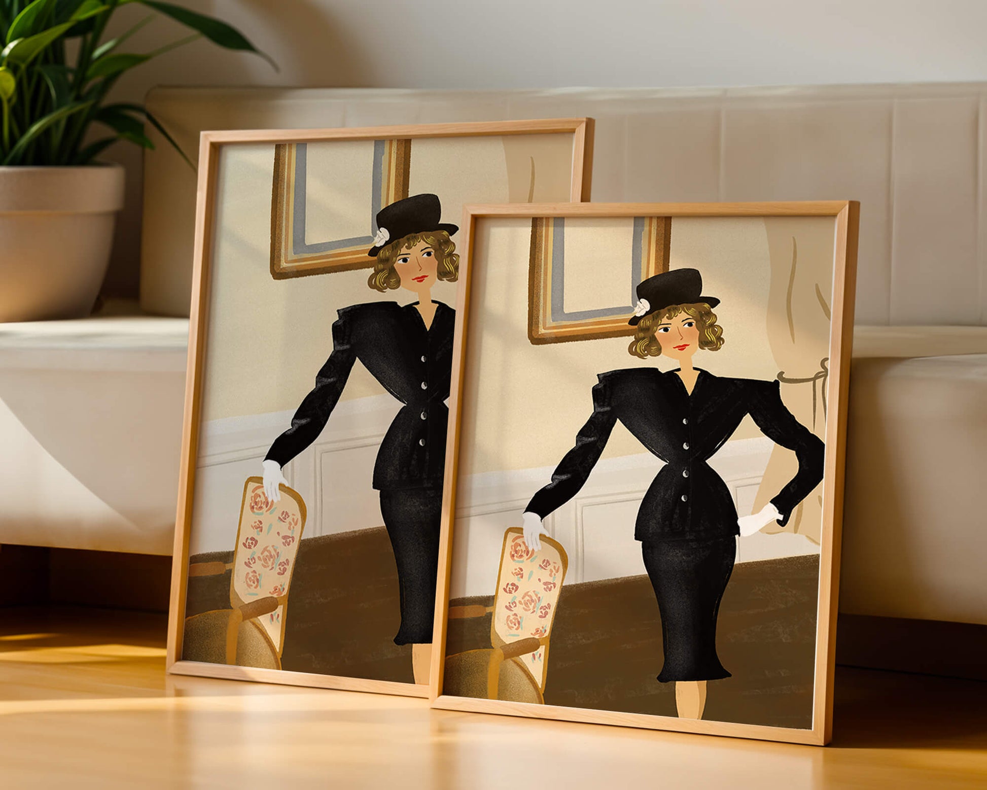 Mujer elegante en moda vintage con traje negro y sombrero