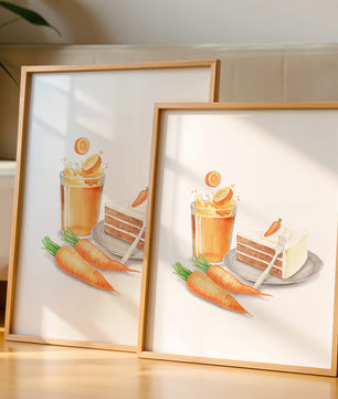 Illustration von Karottenkuchen und Saft mit frischen Karotten