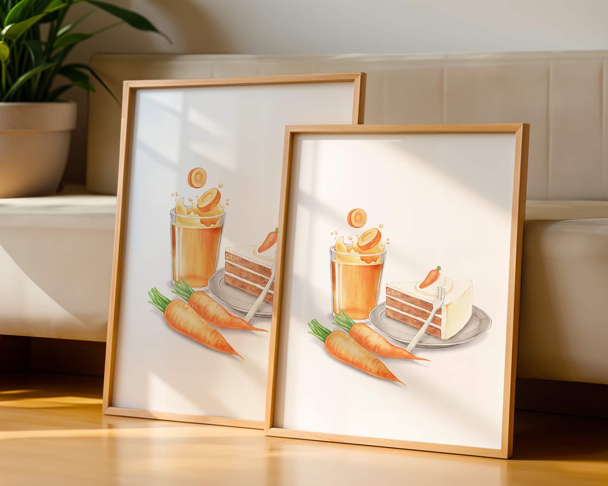 Illustration von Karottenkuchen und Saft mit frischen Karotten