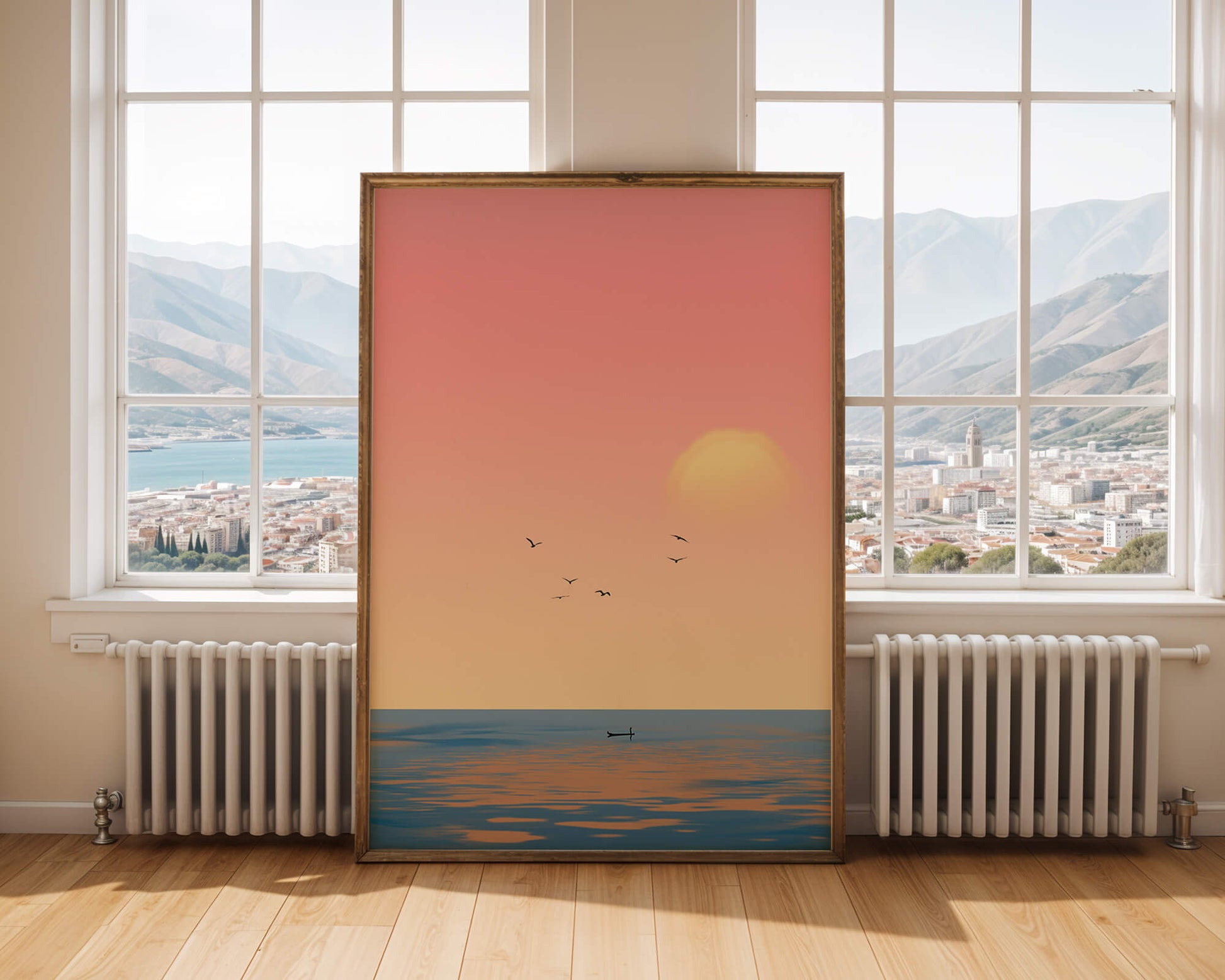 Tranquille coucher de soleil sur l'océan calme avec des oiseaux dans le ciel