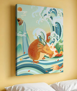 Dragon mythique au milieu de vagues stylisées et de montagnes aux couleurs vives