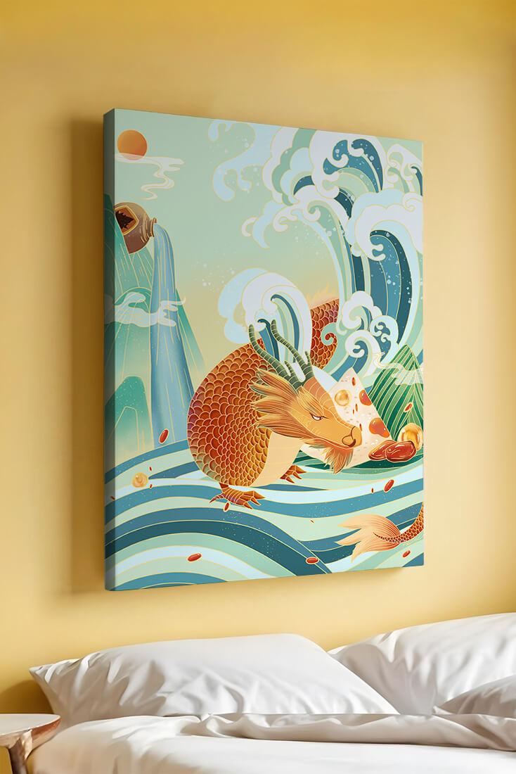 Mythical dragon amidst stylized waves and mountains in vibrant colors