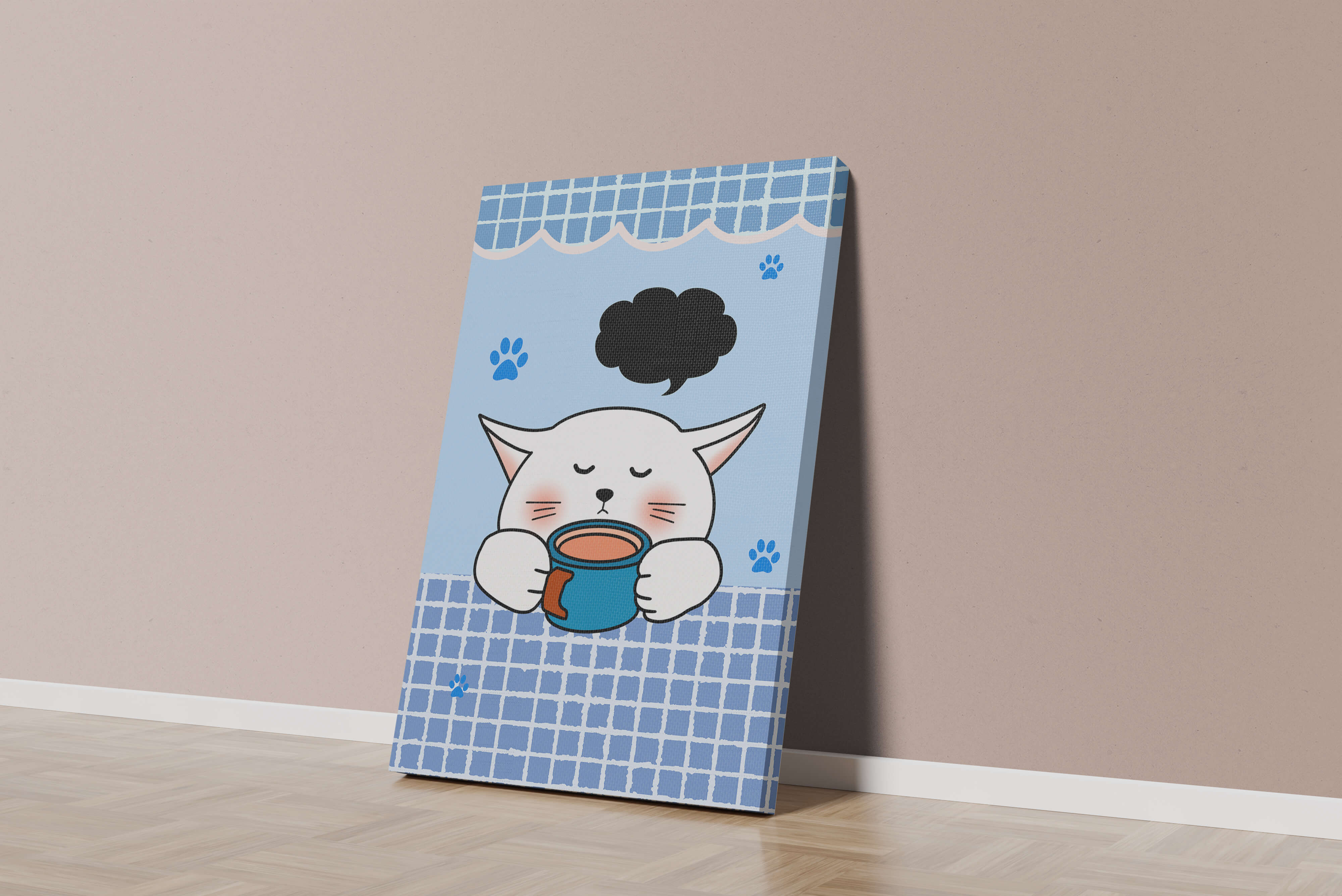 Cute cartoon cat with mug and speech bubble on blue background