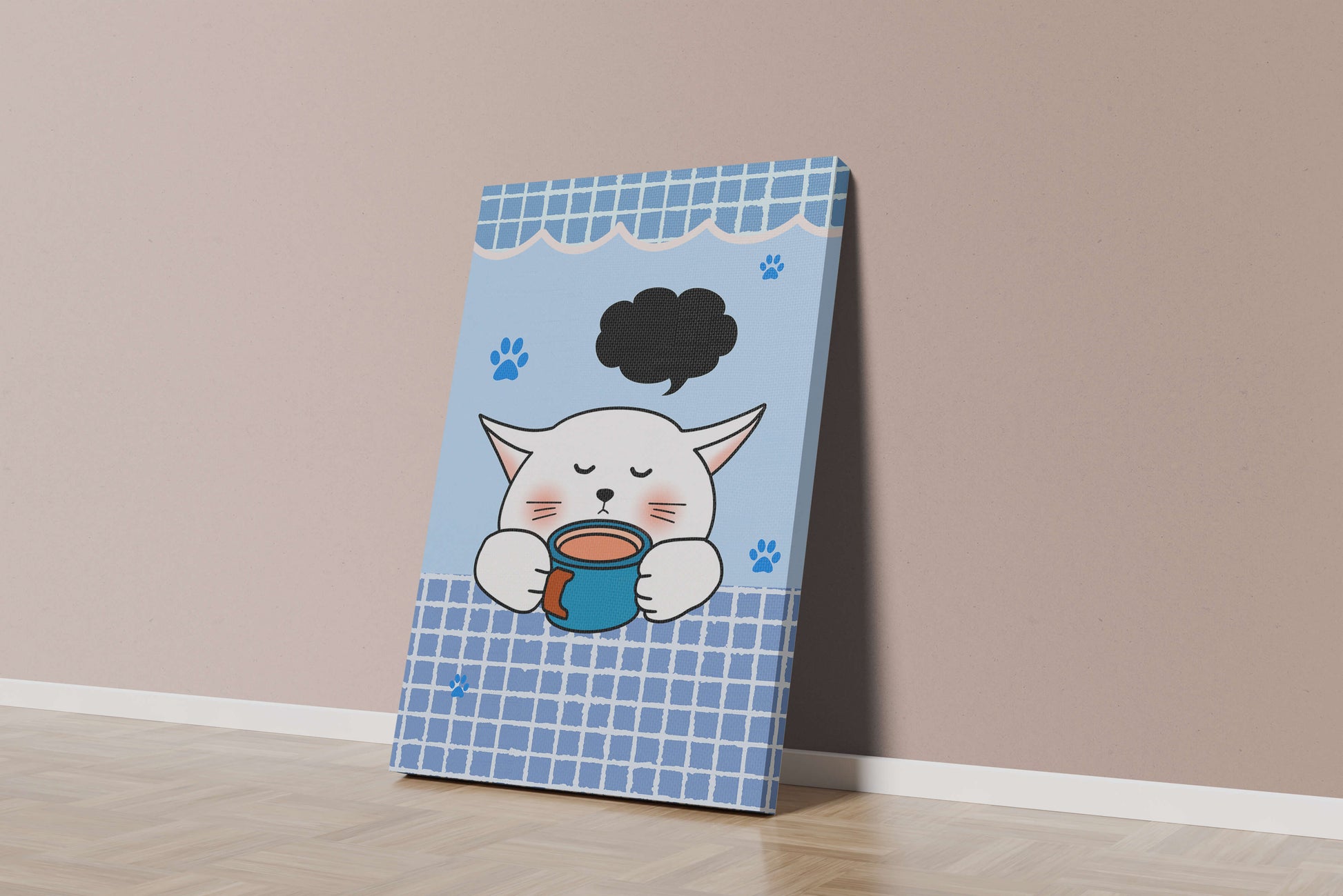 Cute cartoon cat with mug and speech bubble on blue background