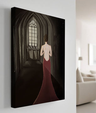 Elegant woman in a red dress inside a gothic hallway